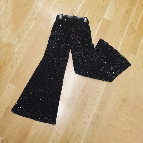 Faeriesty Black Sequin Wide Leg Pants Pull On Size M - Picture 3 of 9